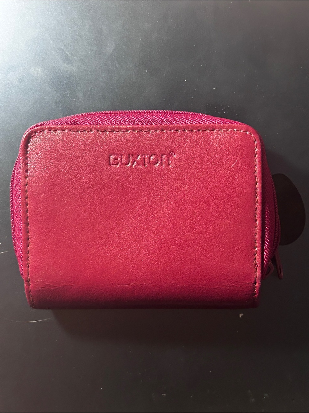 Buxton Leather ID Zip Wallet in Berry Red